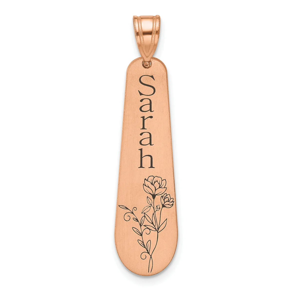 Rose gold teardrop pendant engraved with the name "Sarah" and a floral design featuring carnation flowers, shown hanging from a bale.