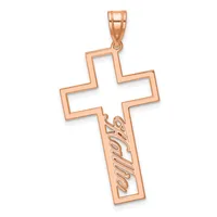 Rose gold cross pendant with openwork design and decorative script text engraved on the lower vertical arm, shown suspended from a bail.