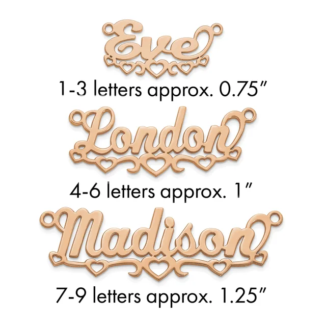 Three rose gold-toned metal name pendants with decorative heart details, labeled by letter count and approximate size measurements.