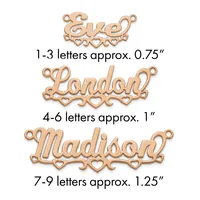 Three rose gold-toned metal name pendants with decorative heart details, labeled by letter count and approximate size measurements.