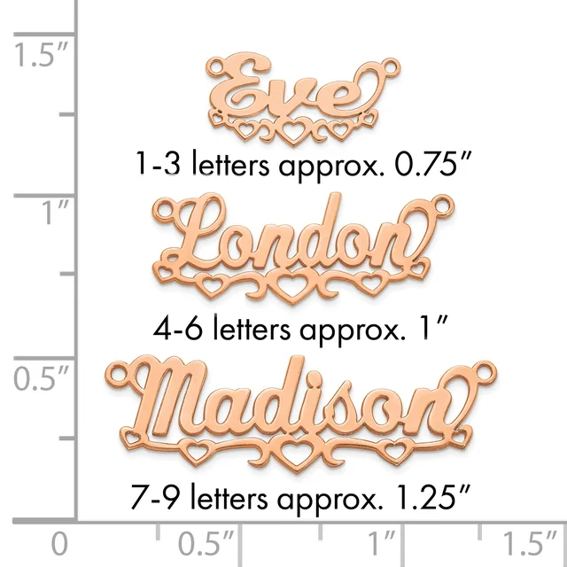 Three copper-colored name charms with decorative hearts shown at actual size against a ruler, demonstrating approximate dimensions for different letter counts.