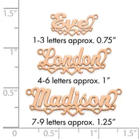 Three copper-colored name charms with decorative hearts shown at actual size against a ruler, demonstrating approximate dimensions for different letter counts.