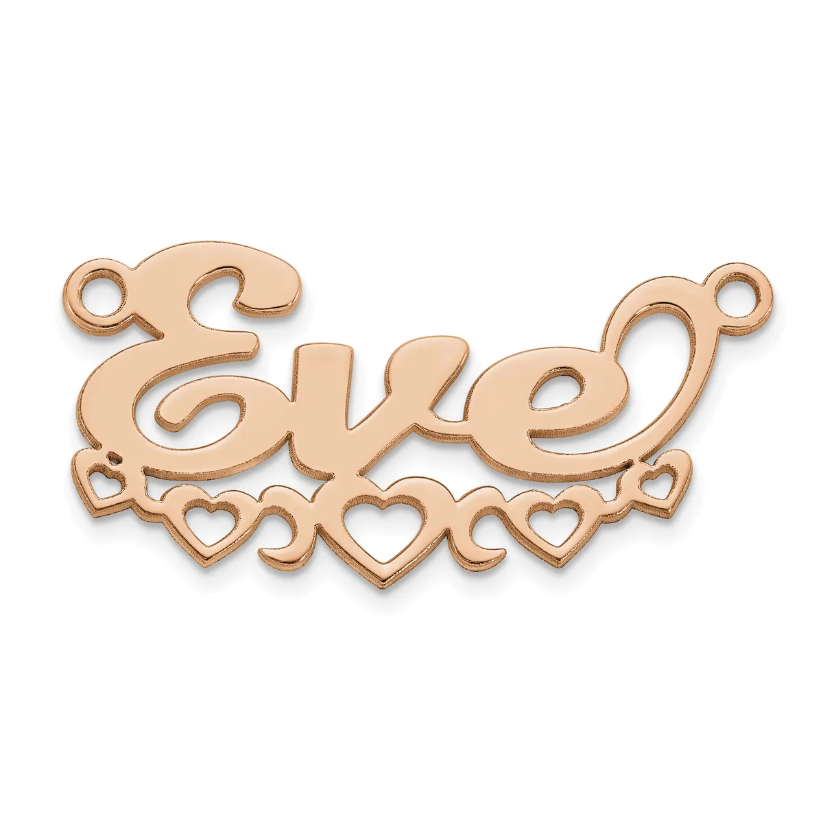 Rose gold-toned metal pendant with scrolled edges, the word "love" in script lettering, and decorative heart cutouts along the bottom, with small loops at top corners for attachment.