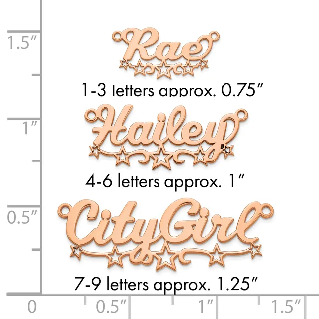 Three copper-colored metal name pendants with decorative stars displayed against a measurement ruler showing sizes ranging from 0.75 to 1.25 inches in height.