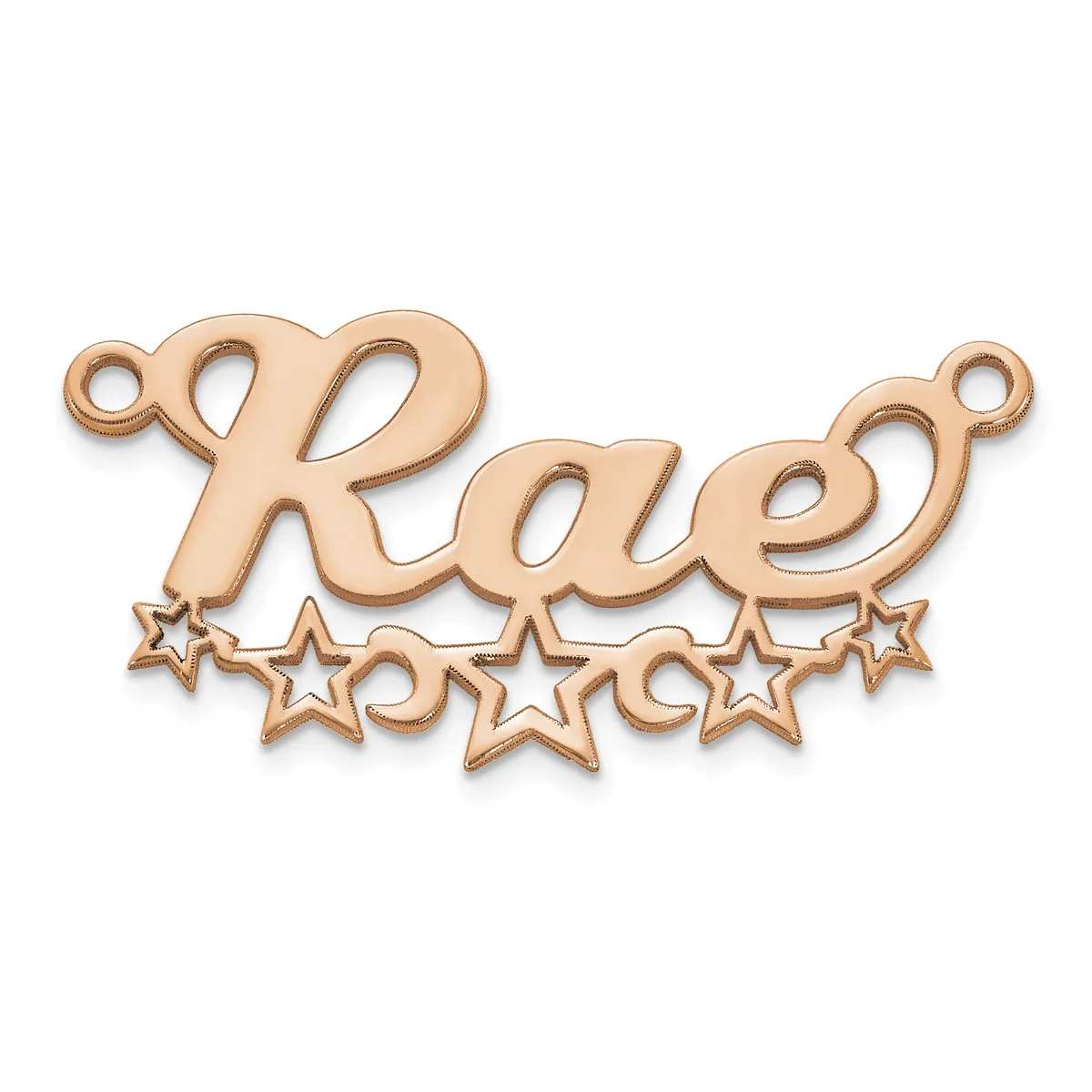 Rose gold-toned metal pendant with the word "Kace" in cursive script, decorated with five small stars below and featuring small loops at the top for attachment.