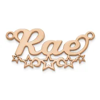 Rose gold-toned metal pendant with the word "Kace" in cursive script, decorated with five small stars below and featuring small loops at the top for attachment.