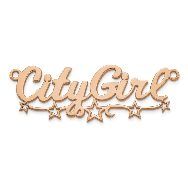 Rose gold-toned metal pendant with script text reading "City Girl" decorated with small stars below, featuring loops at top for hanging.