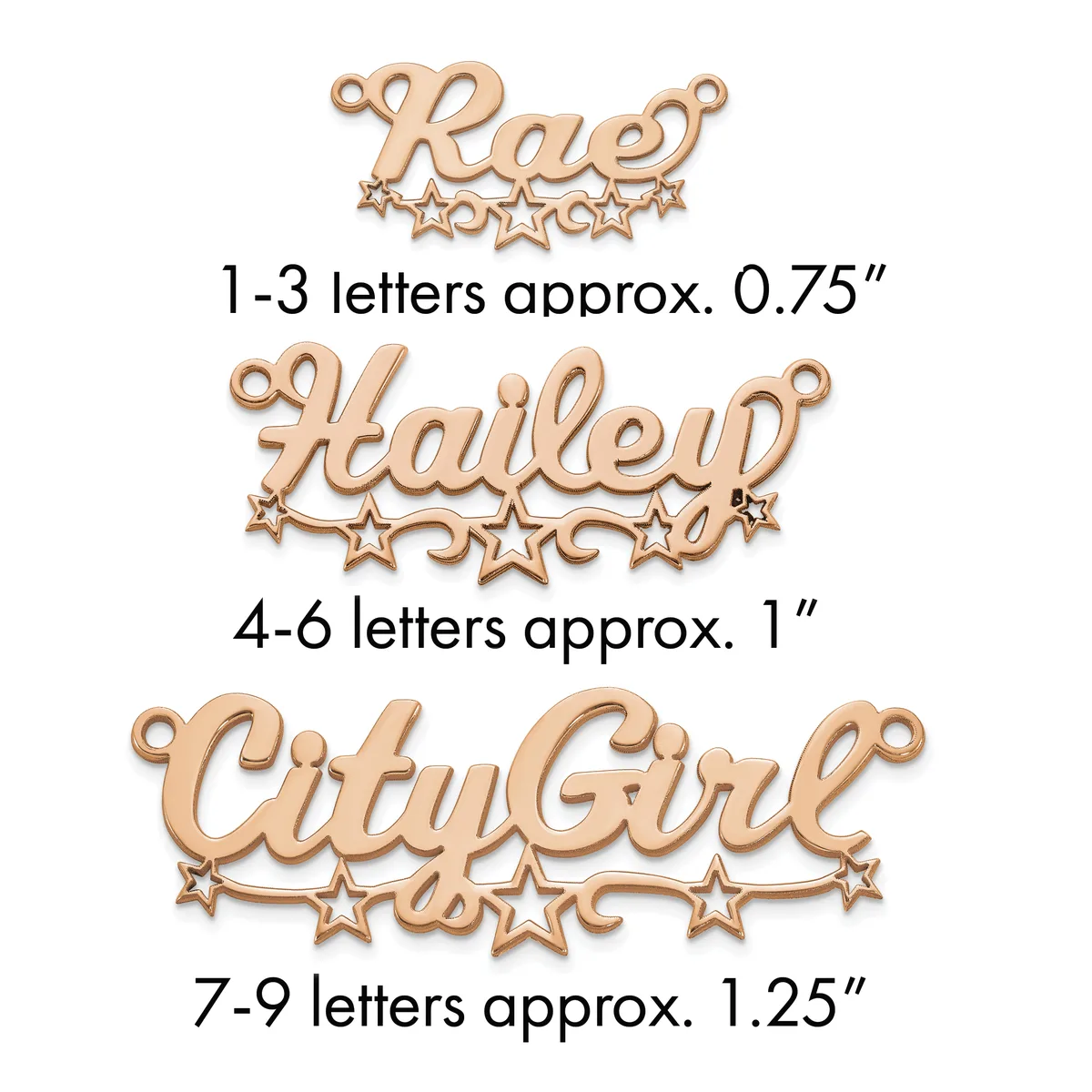 Three rose gold name pendants with decorative stars shown at different sizes: small for 1-3 letters, medium for 4-6 letters, and large for 7-9 letters.