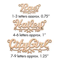 Three rose gold name pendants with decorative stars shown at different sizes: small for 1-3 letters, medium for 4-6 letters, and large for 7-9 letters.