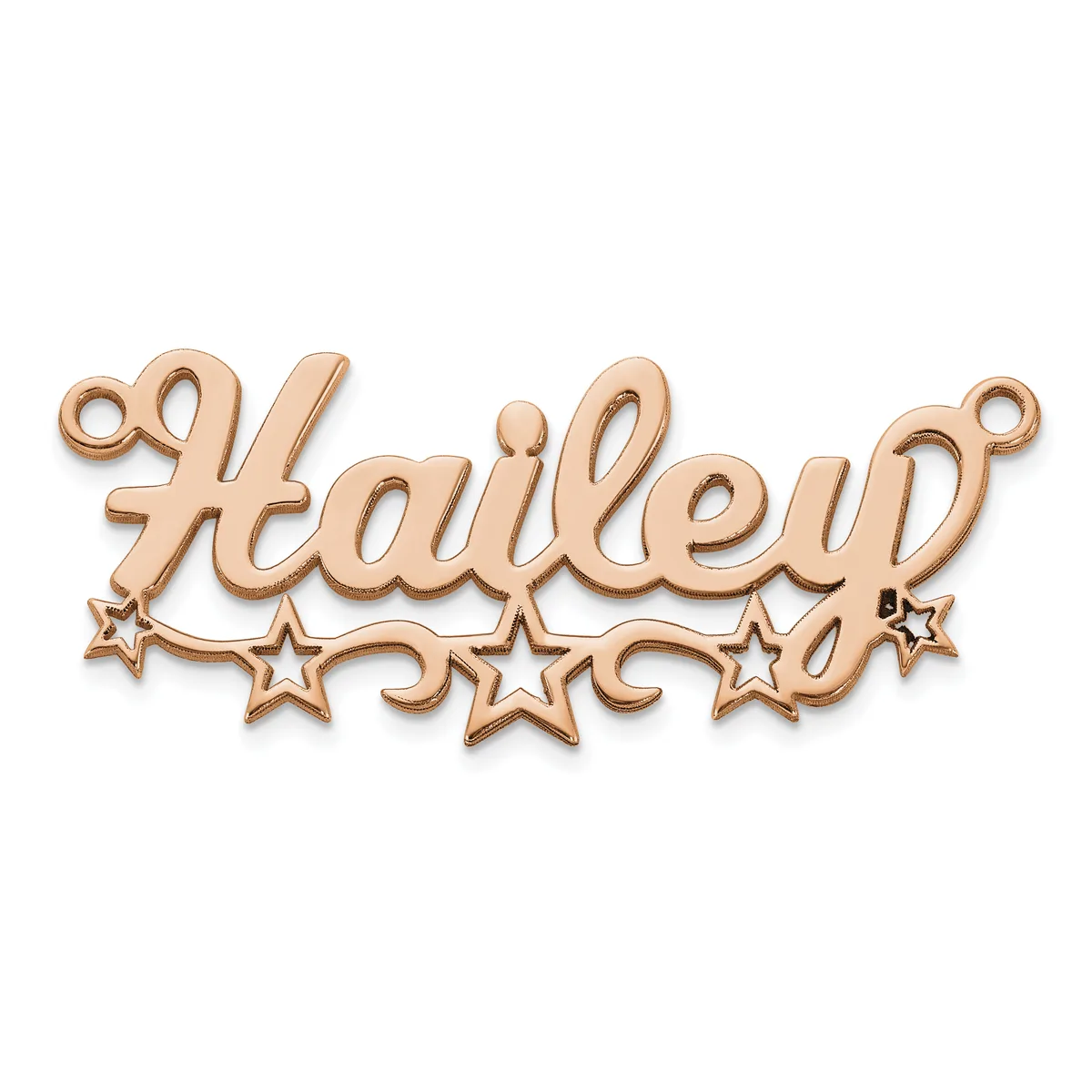 Rose gold-toned metal nameplate spelling "Hailey" in cursive script with decorative stars beneath.