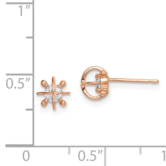 Rose gold stud earrings with a four-pointed star design topped with small round diamonds, shown against a measurement scale indicating approximately half an inch in height.