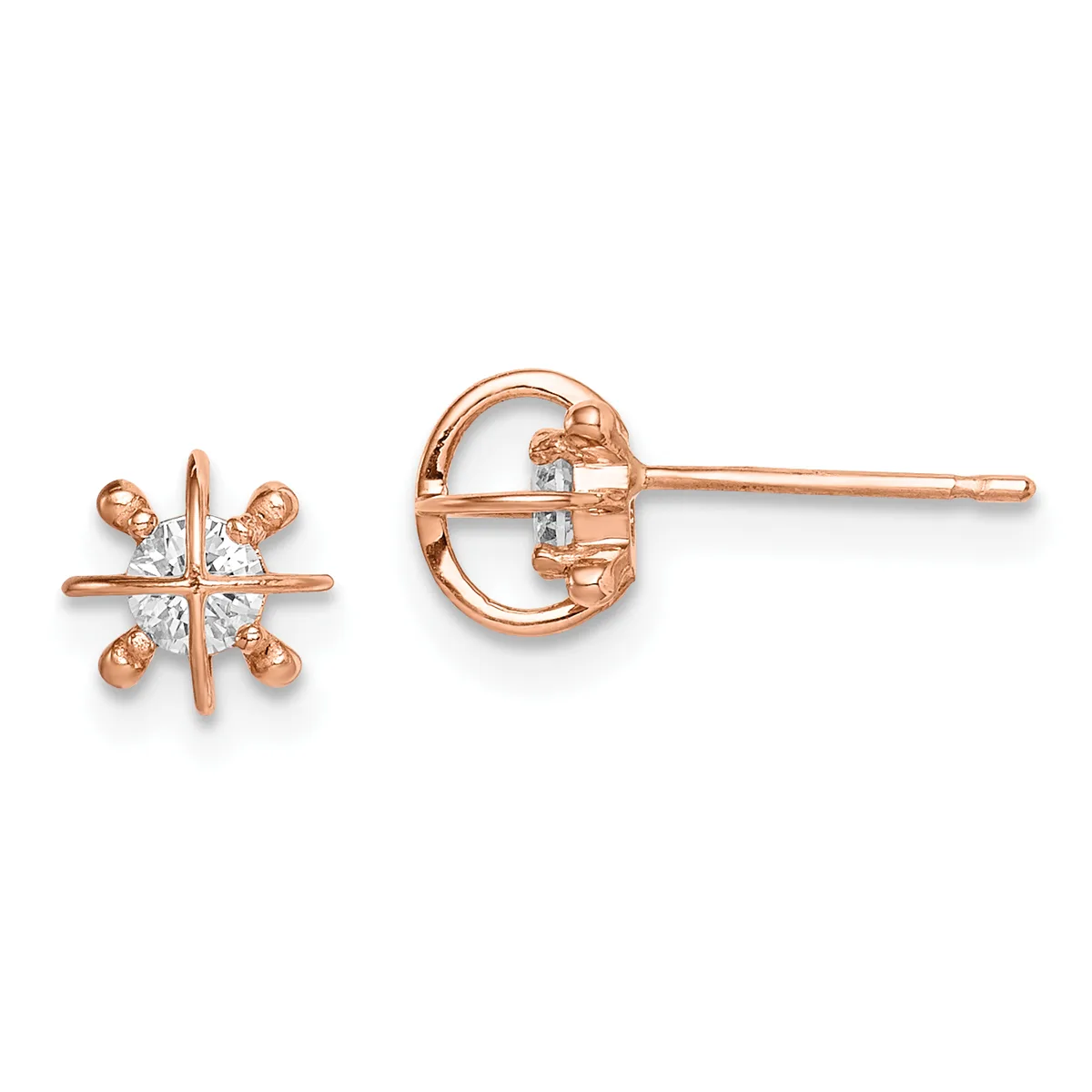 Rose gold stud earrings featuring a four-pointed star design with small round diamonds, shown from front and back views.