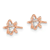 Pair of rose gold stud earrings with cubic zirconia stones set in orbital design frames, shown from front view.