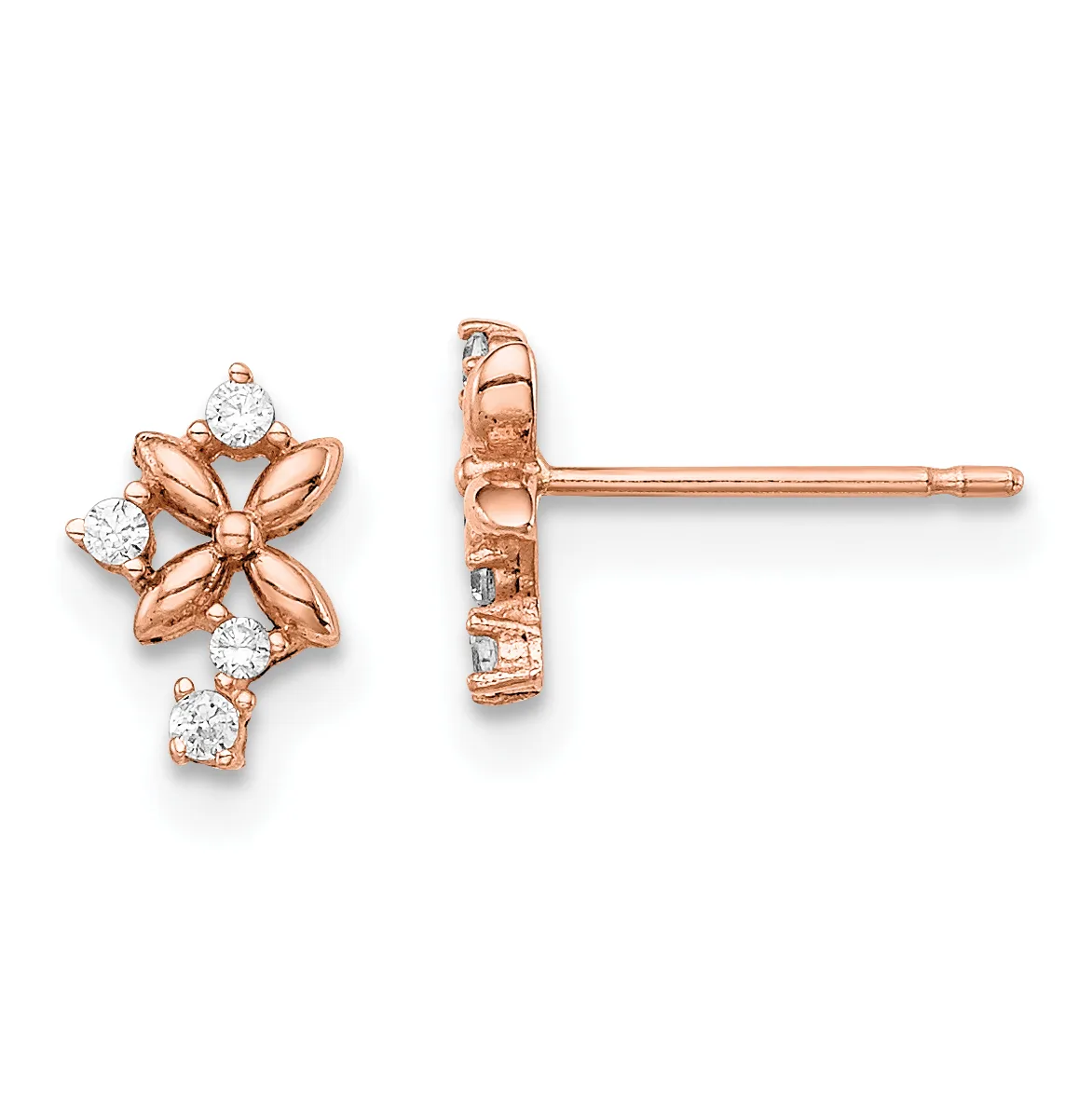 A pair of rose gold stud earrings featuring four-petaled flower designs with round diamonds set at the center and tips, with an additional diamond drop below each flower.