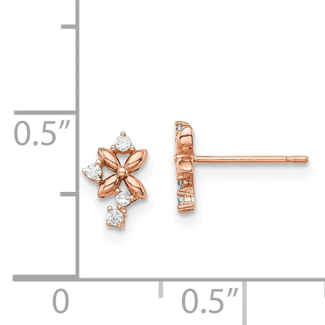Rose gold flower stud earrings with round white stone petals and a dangling round white stone below, shown against a measurement scale.