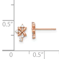 Rose gold flower stud earrings with round white stone petals and a dangling round white stone below, shown against a measurement scale.