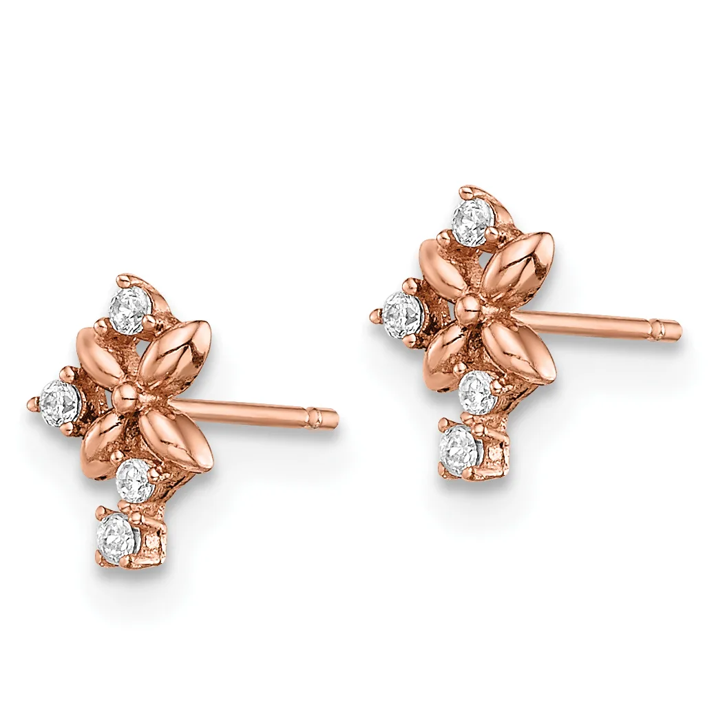 Pair of rose gold stud earrings with four-petal flower designs featuring round white diamonds set in polished metal settings.