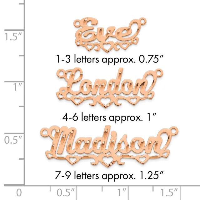 Three copper name charms with decorative heart cutouts and hanging loops, shown at different sizes next to a measurement ruler indicating heights from 0.75 to 1.25 inches.