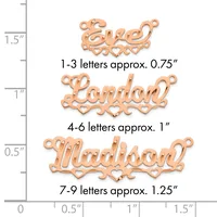 Three copper name charms with decorative heart cutouts and hanging loops, shown at different sizes next to a measurement ruler indicating heights from 0.75 to 1.25 inches.