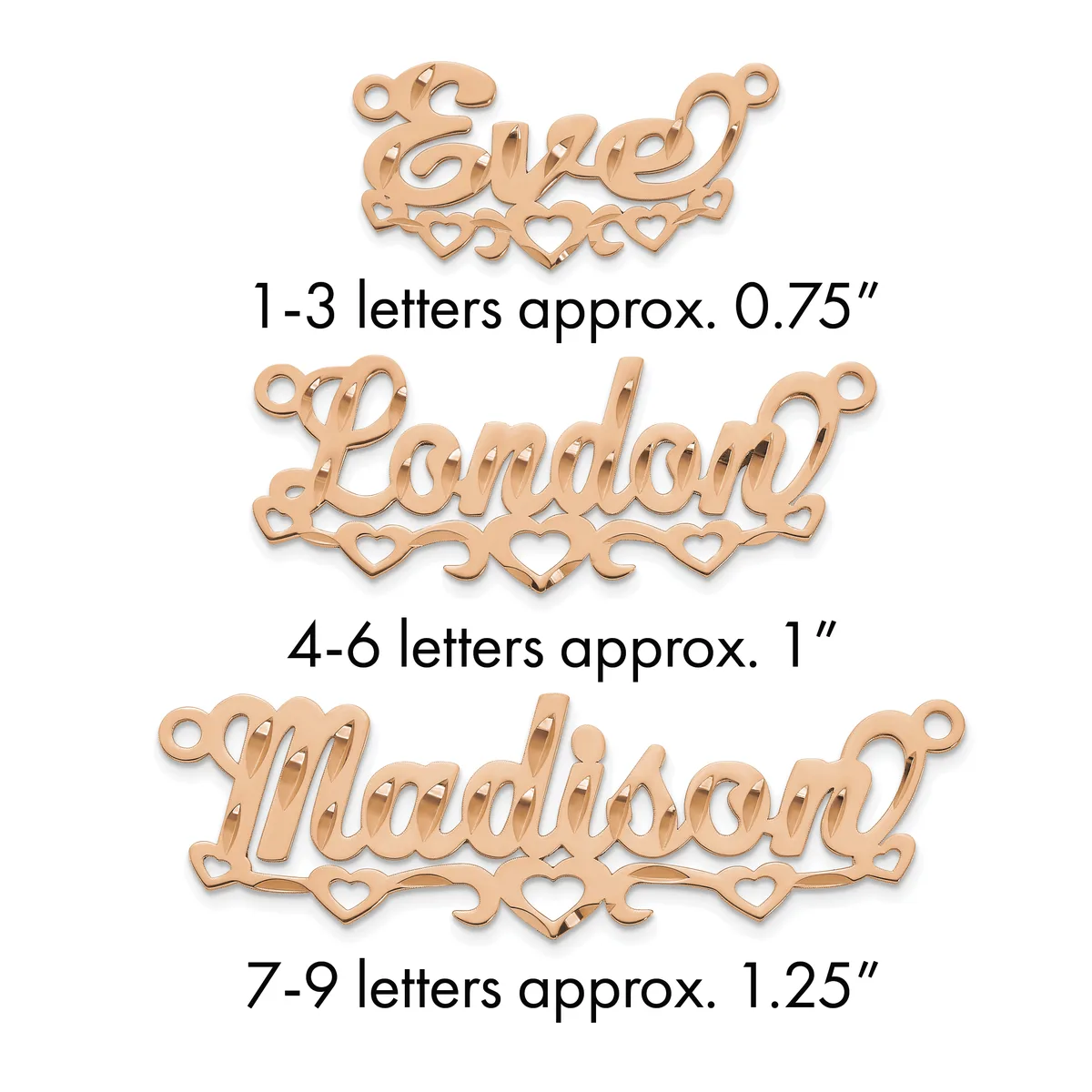Three copper name pendants with decorative heart cutouts and hanging loops, labeled by letter count and approximate size.