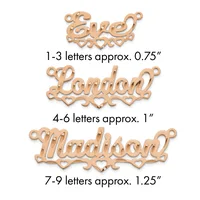 Three copper name pendants with decorative heart cutouts and hanging loops, labeled by letter count and approximate size.
