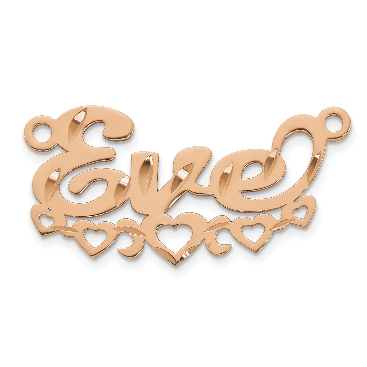 Rose gold decorative connector pendant with scrollwork design, heart cutouts along the bottom, and small loops at the top corners for attachment.