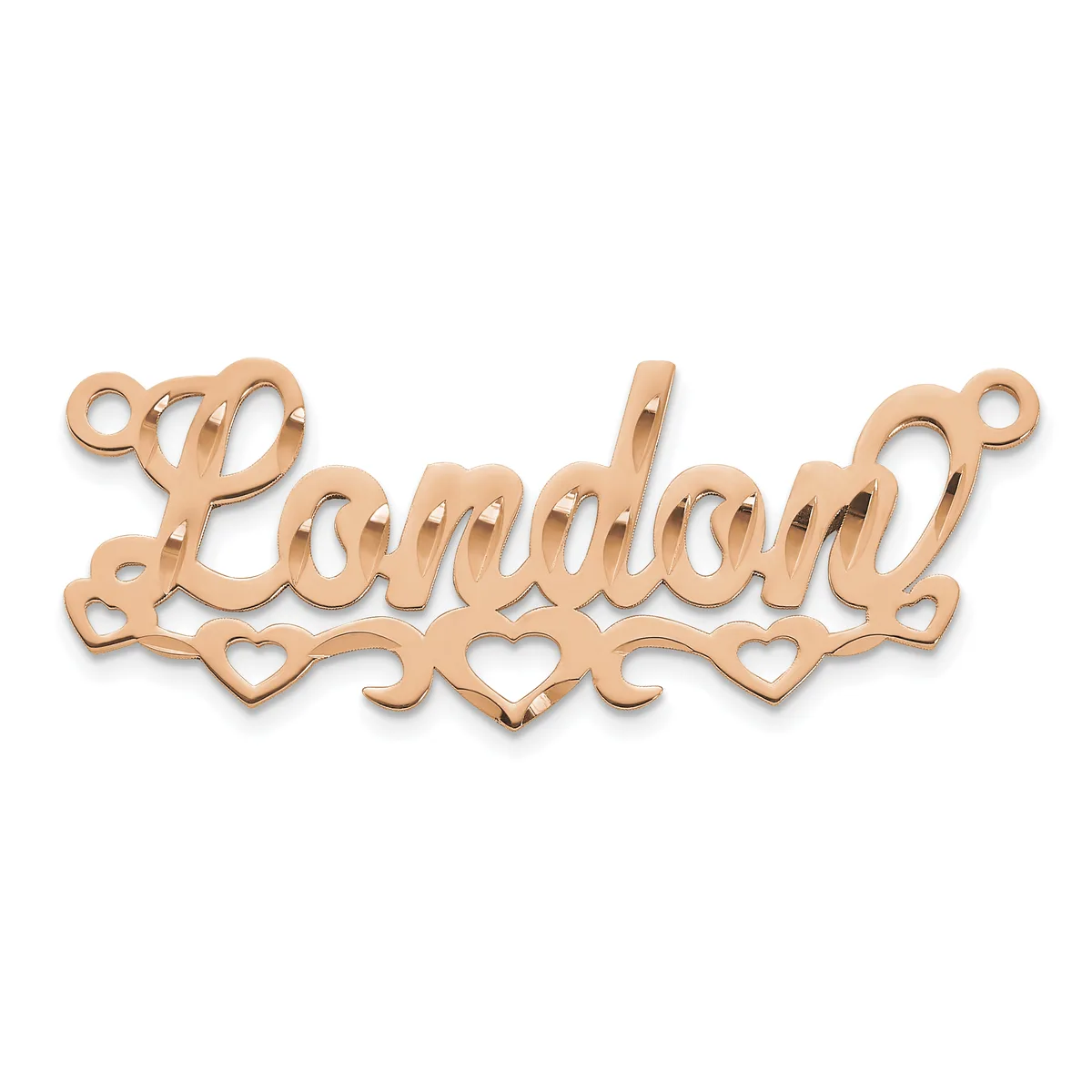 Rose gold nameplate pendant spelling "London" with decorative heart cutouts along the bottom edge.