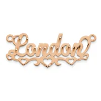 Rose gold nameplate pendant spelling "London" with decorative heart cutouts along the bottom edge.