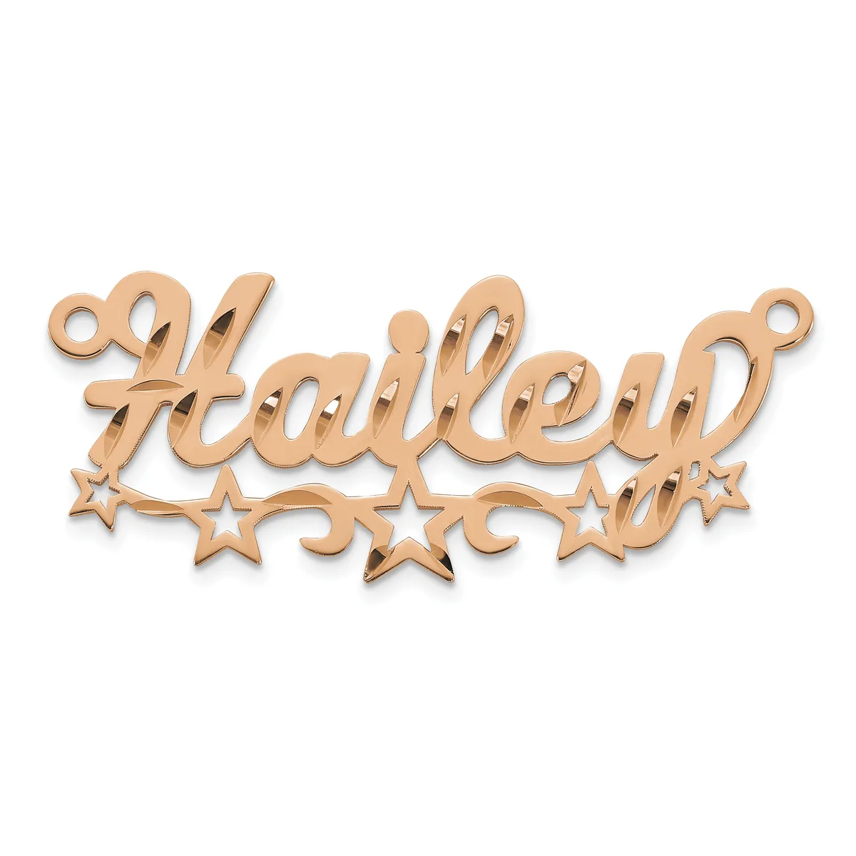 Rose gold-toned metal nameplate pendant spelling "Hailey" in cursive script with decorative stars beneath, featuring small attachment loops at each end.