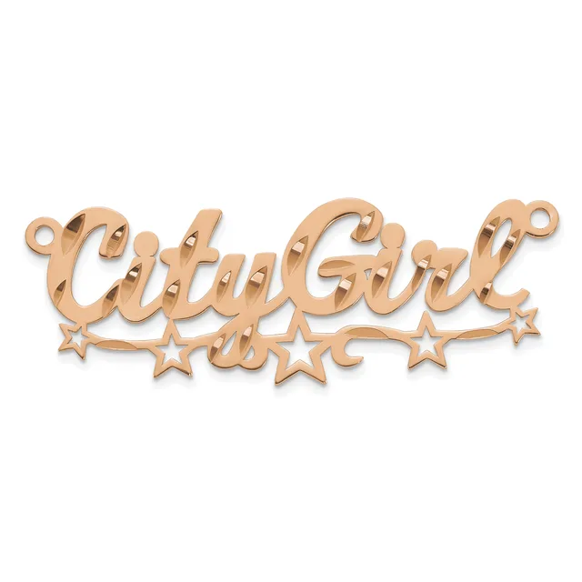 Rose gold-toned metal pendant with script lettering and decorative stars, featuring small loops at the top for hanging.