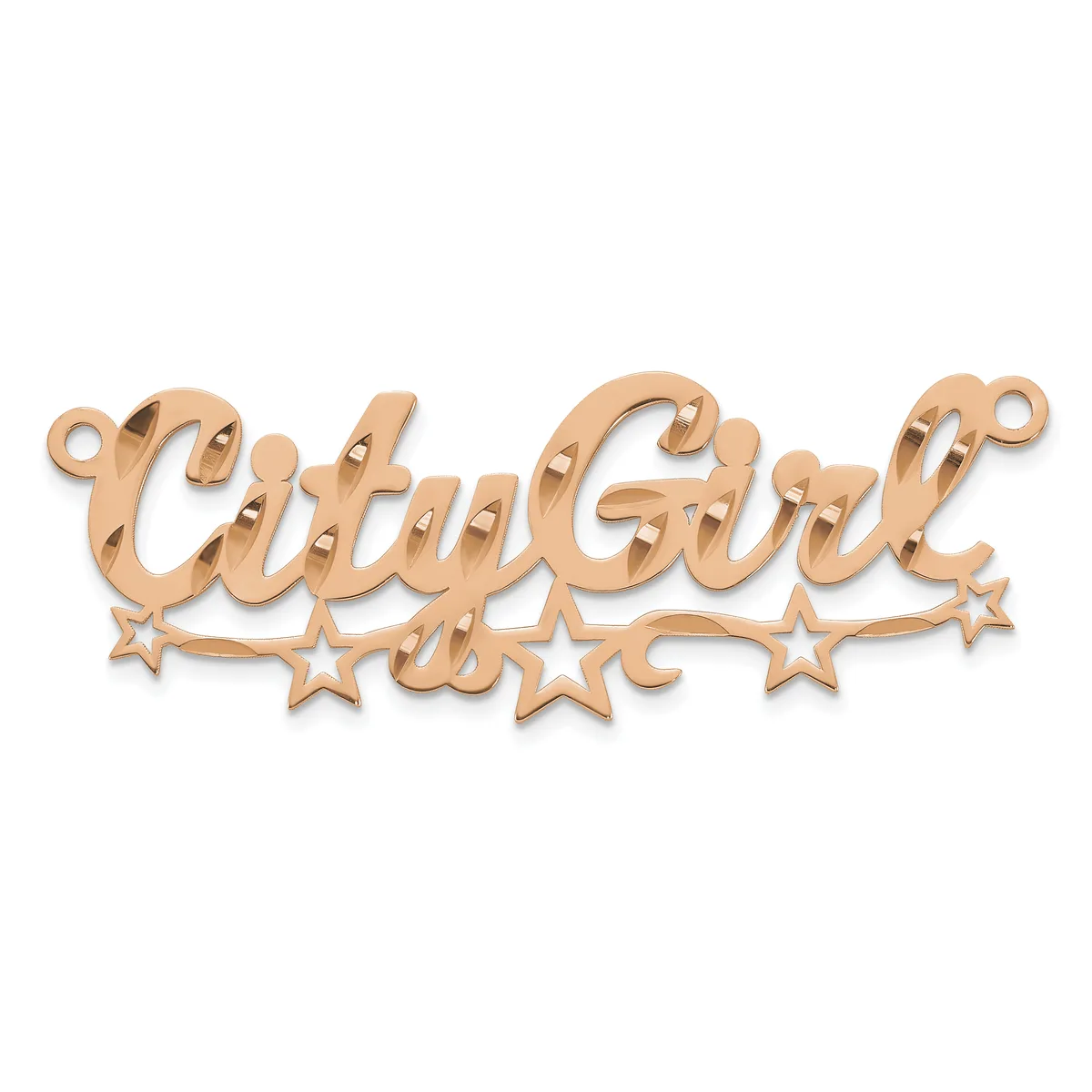 Rose gold-toned metal pendant with script lettering and decorative stars, featuring small loops at the top for hanging.