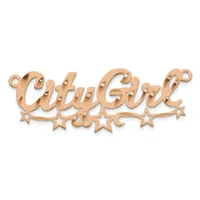 Rose gold-toned metal pendant with script lettering and decorative stars, featuring small loops at the top for hanging.