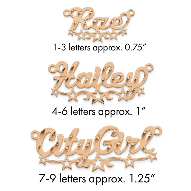 Three wooden name ornaments with decorative stars and hanging loops, sized by letter count: 1-3 letters at 0.75 inches, 4-6 letters at 1 inch, and 7-9 letters at 1.25 inches.