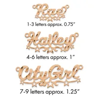 Three wooden name ornaments with decorative stars and hanging loops, sized by letter count: 1-3 letters at 0.75 inches, 4-6 letters at 1 inch, and 7-9 letters at 1.25 inches.