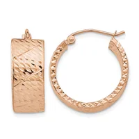 Pair of rose gold textured hoop earrings displayed against a white background, shown from front and side angles.
