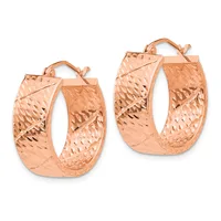 A pair of rose gold hoop earrings with a textured diamond-cut surface pattern, shown in two sizes side by side.