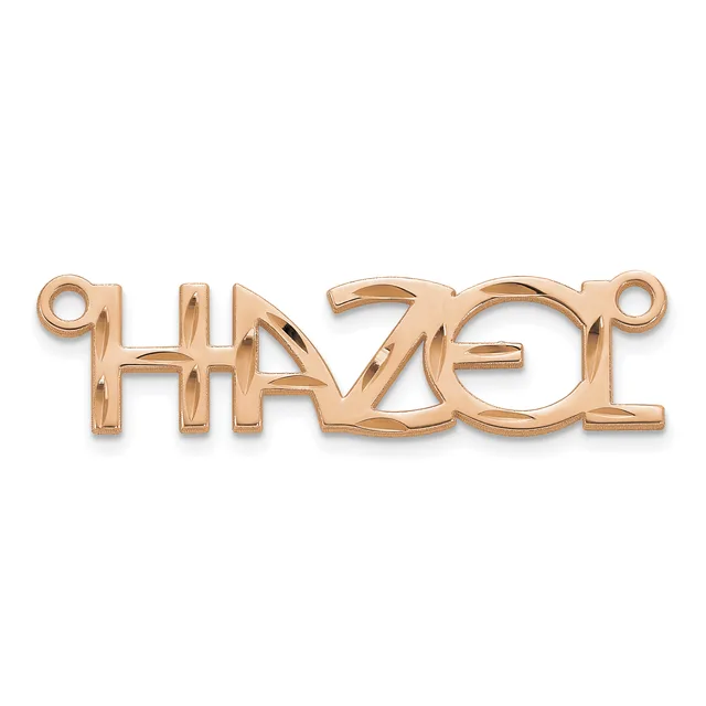 Rose gold-colored metal connector pendant with the word "love" cut out in a stylized font, featuring small loops on each end.