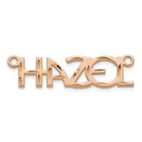 Rose gold-colored metal connector pendant with the word "love" cut out in a stylized font, featuring small loops on each end.