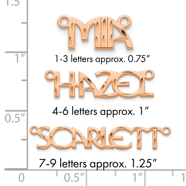 Three rose gold letter pendants shown with a ruler displaying sizes: 1-3 letters at 0.75 inches, 4-6 letters at 1 inch, and 7-9 letters at 1.25 inches.