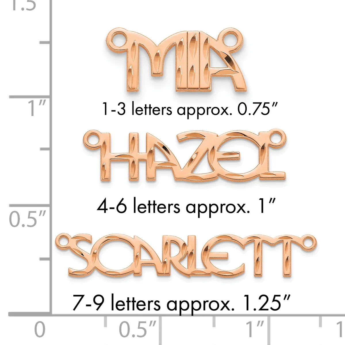 Three rose gold letter pendants shown with a ruler displaying sizes: 1-3 letters at 0.75 inches, 4-6 letters at 1 inch, and 7-9 letters at 1.25 inches.