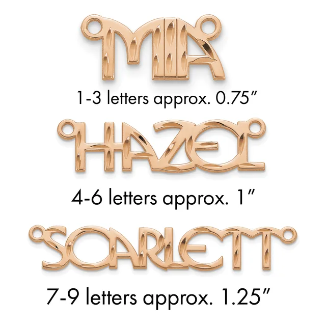 Three rose gold nameplate pendants with loops shown at actual size: a small three-letter version at 0.75 inches, a medium four to six letter version at one inch, and a larger seven to nine letter version at 1.25 inches.