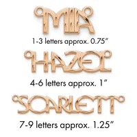 Three rose gold nameplate pendants with loops shown at actual size: a small three-letter version at 0.75 inches, a medium four to six letter version at one inch, and a larger seven to nine letter version at 1.25 inches.