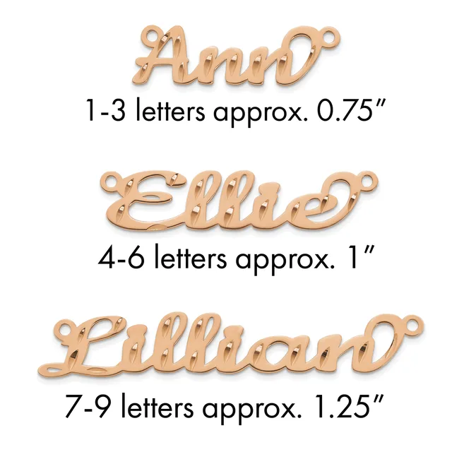 Three rose gold-toned metal name pendants with loops at each end, labeled by letter count and approximate size: Ann at 0.75 inches, Ellie at 1 inch, and Lillian at 1.25 inches.