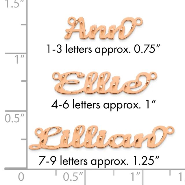 Three copper wire name charms shown with a ruler, displaying size comparisons for one to three letters at 0.75 inches, four to six letters at 1 inch, and seven to nine letters at 1.25 inches.