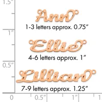 Three copper wire name charms shown with a ruler, displaying size comparisons for one to three letters at 0.75 inches, four to six letters at 1 inch, and seven to nine letters at 1.25 inches.