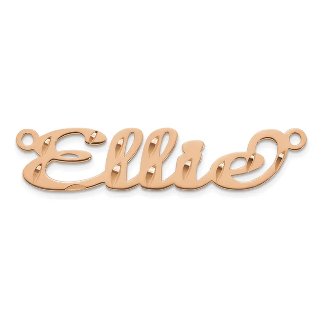 Rose gold-toned metal nameplate pendant with the name "Ella" in cursive script, featuring small circular loops at each end and decorative line details throughout.