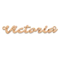 Rose gold cursive nameplate pendant with loops at each end for attachment, displayed against a white background.