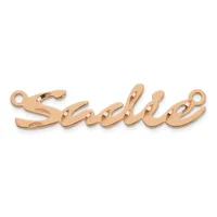 A rose gold-colored script name pendant with two small loops at each end for attachment to a chain.