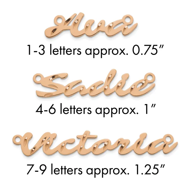Three rose gold script letter charms with loop attachments, shown in sizes for 1-3 letters (0.75 inches), 4-6 letters (1 inch), and 7-9 letters (1.25 inches).