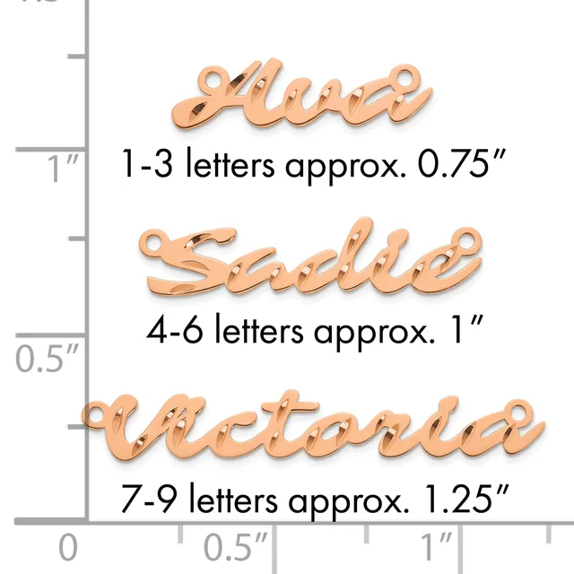 Three rose gold-colored script name pendants shown at actual size on a measurement ruler, ranging from approximately 0.75 inches for 1-3 letters to 1.25 inches for 7-9 letters.